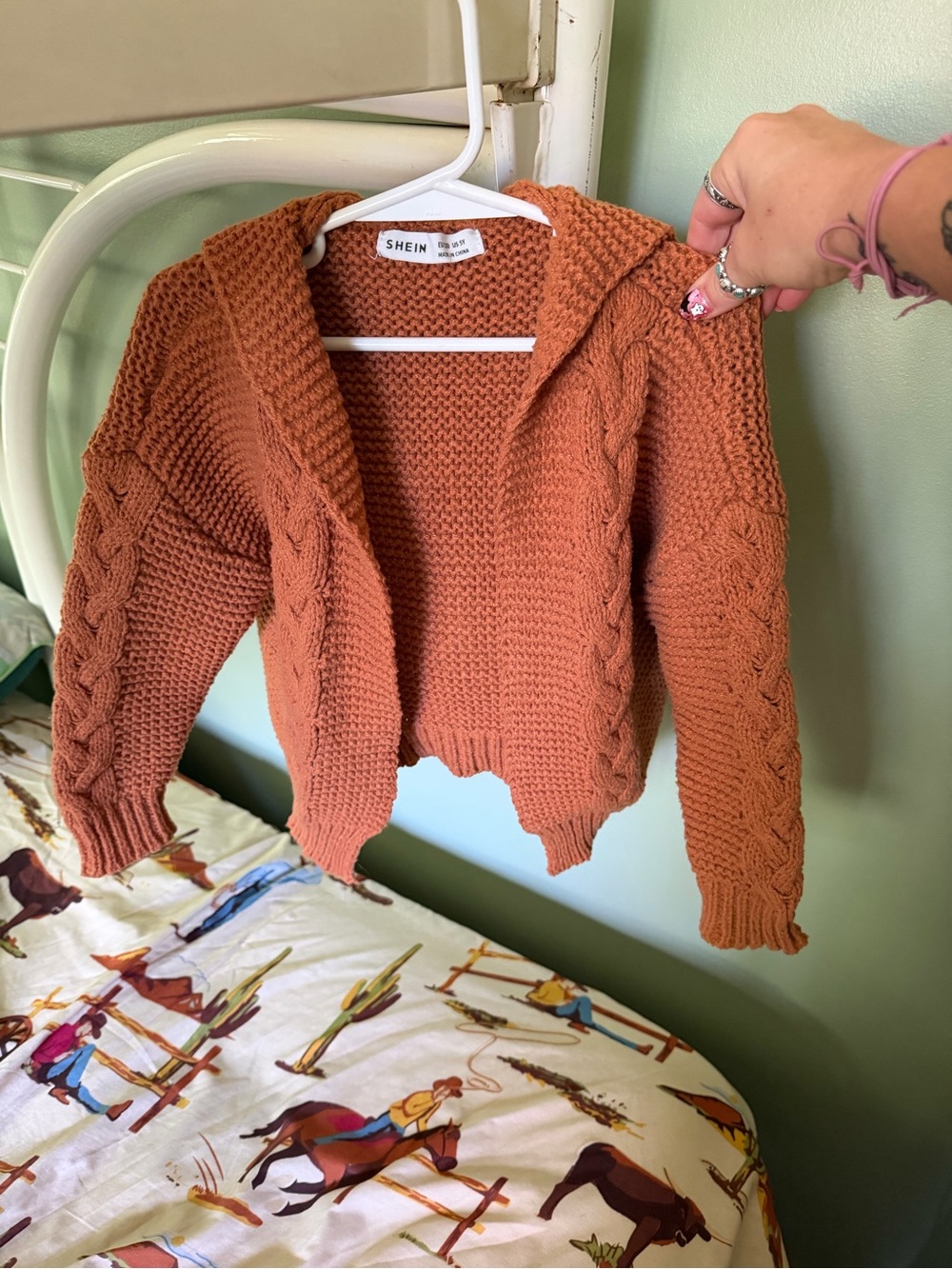 SHEIN Rust Cable Knit Hooded Open Cardigan